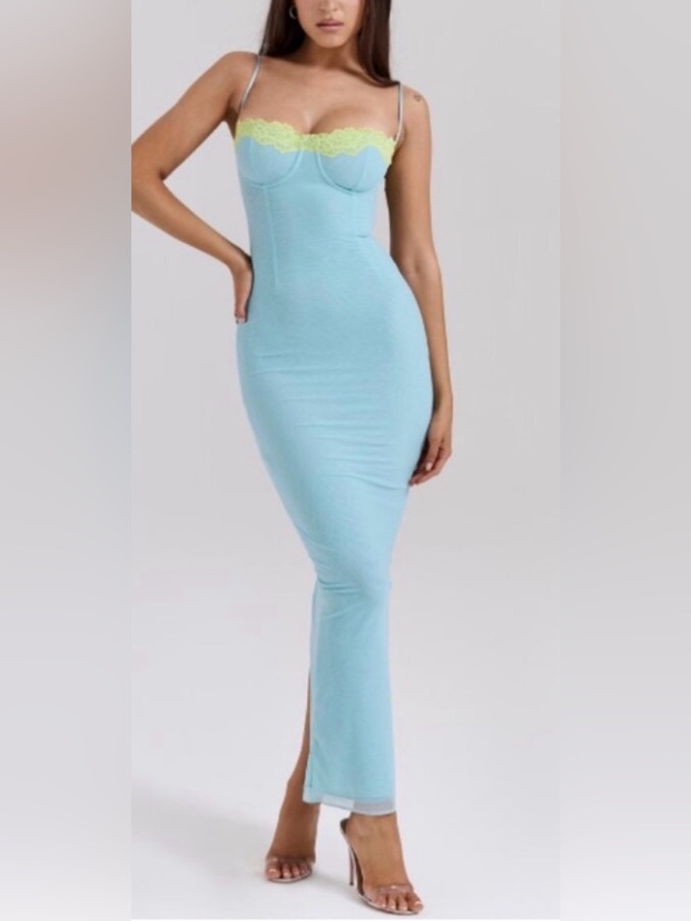 NWOT HOUSE OF CB Aiza Ocean Blue Contrast Lace Maxi Dress sz XS
